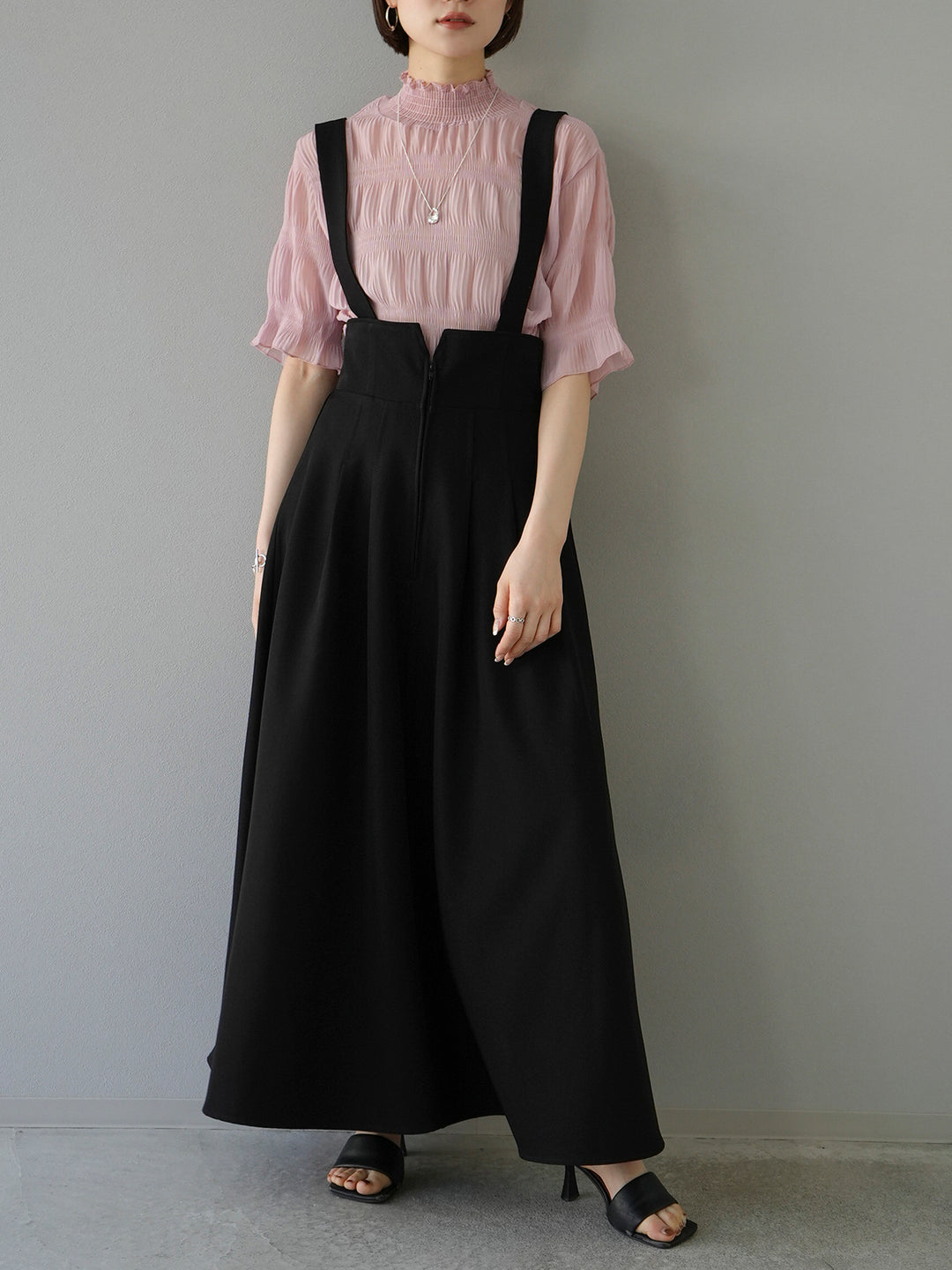 [SET] Shirring chiffon half sleeve blouse + 2WAY flare jumper skirt (2set)