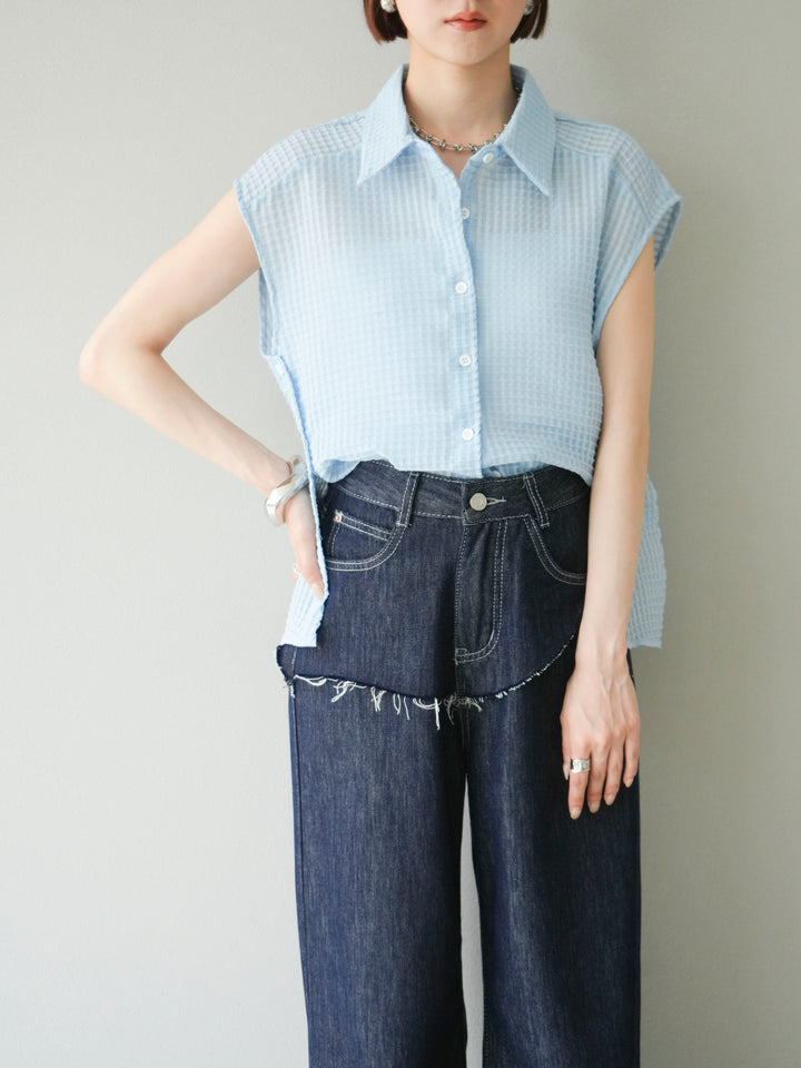 [SET] 透視格紋無袖襯衫 + 臀部設計牛仔褲（2 套）