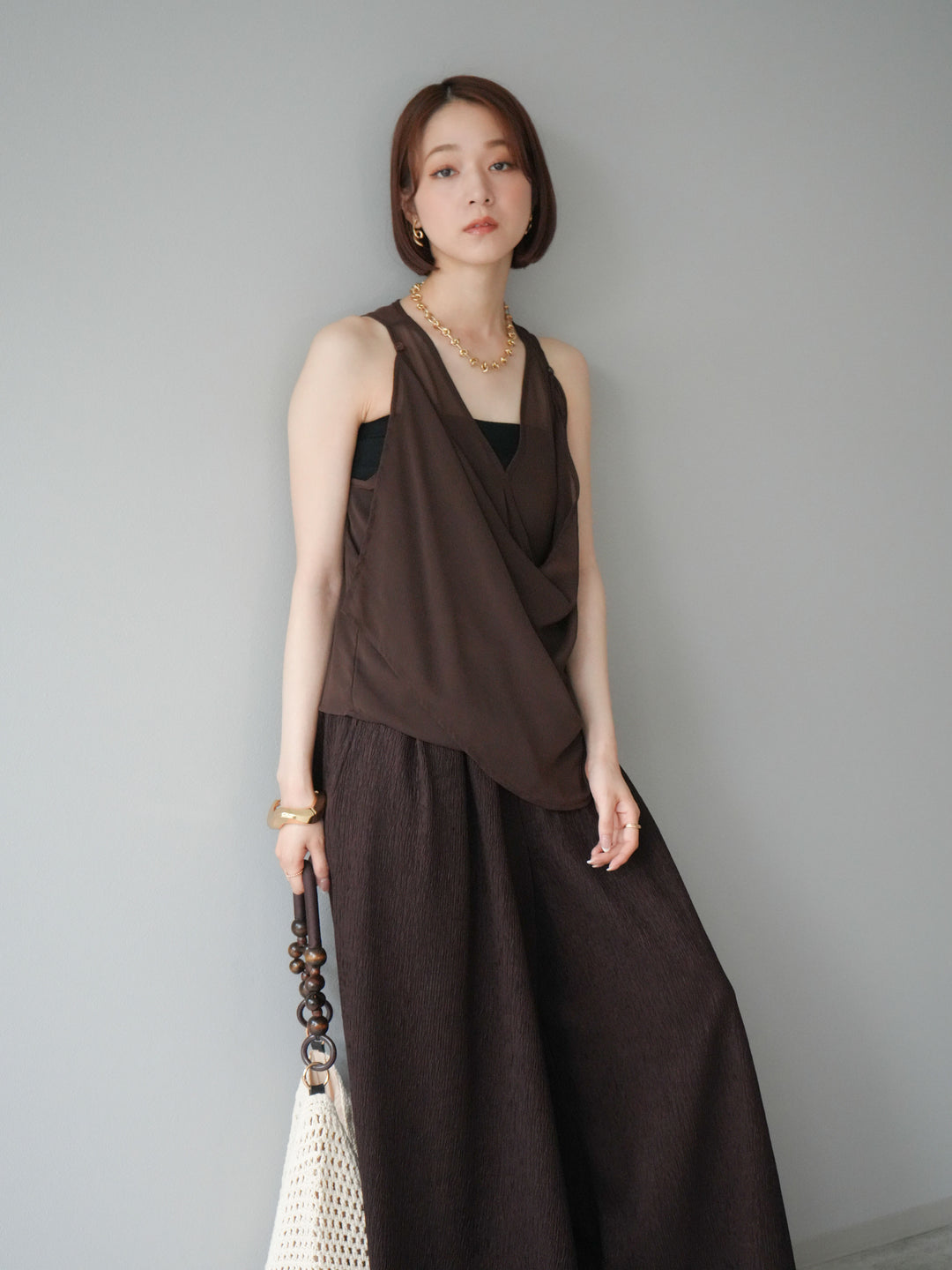 [予約]シアードレープレイヤードノースリーブトップス/ブラウン