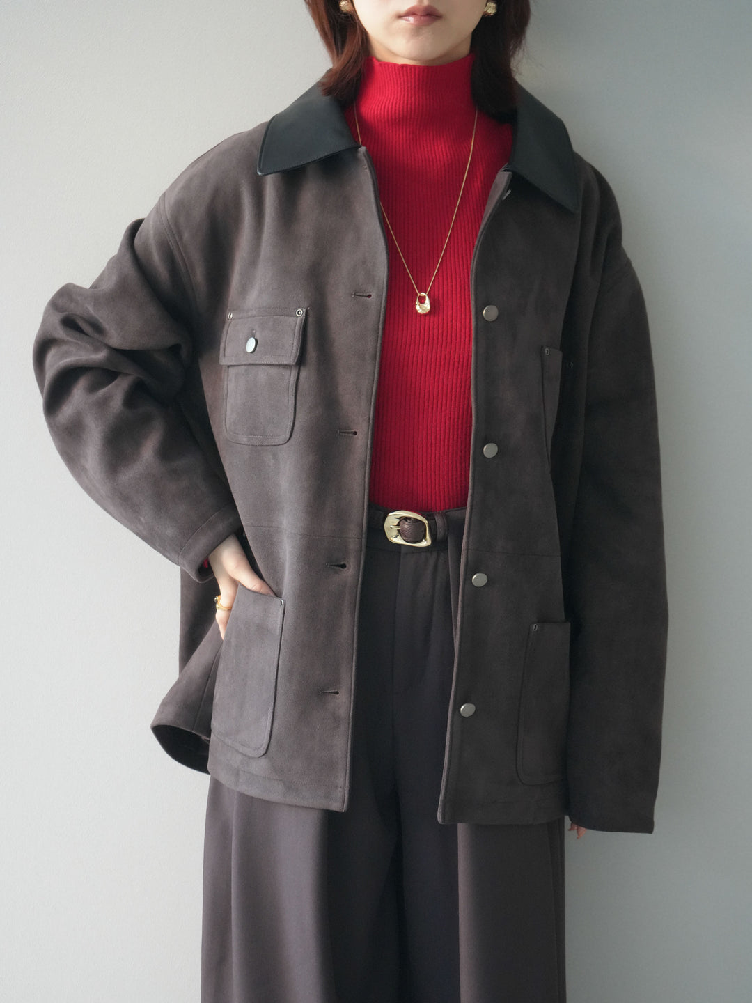 [SET]襟レザーステンカラースエードジャケット+袖ボタンボトルネックリブニットトップス+ベルトループデザインワイドパンツ(3set)