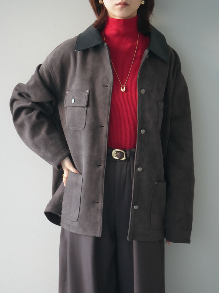 [SET]襟レザーステンカラースエードジャケット+袖ボタンボトルネックリブニットトップス+ベルトループデザインワイドパンツ(3set)