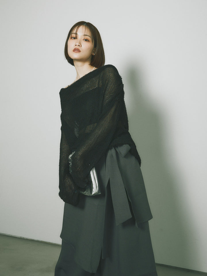 [SET] 後背垂墜網眼套頭衫+亞麻觸感裹身寬褲（2件套）