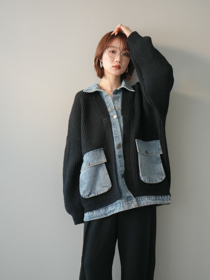 [予約]デニムドッキングオーバーニットジャケット/black