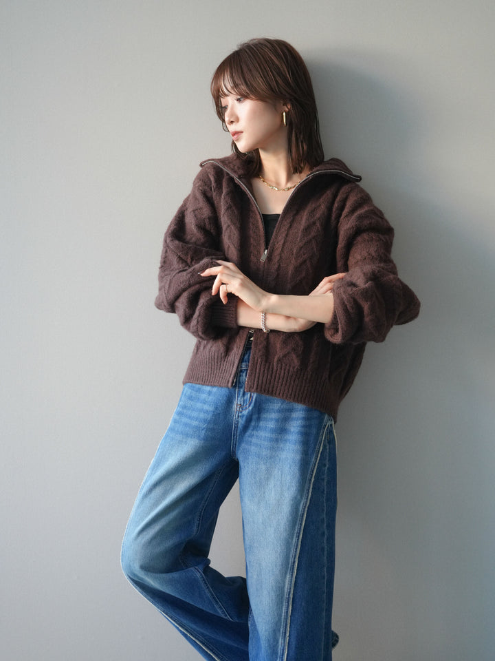 [SET]ケーブル編みハイネックZIPニットカーディガン+選べるアクセセット(2set)