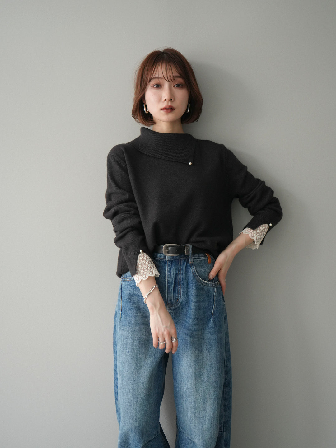 [予約]袖レースパール付き配色ニットトップス/darkbrown