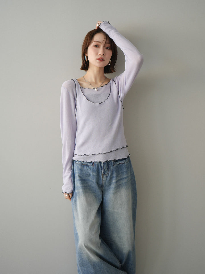 [SET]バイカラーメローアンサンブルシアーニットトップス+フロントポケットサイドタックワイドデニム(2set)