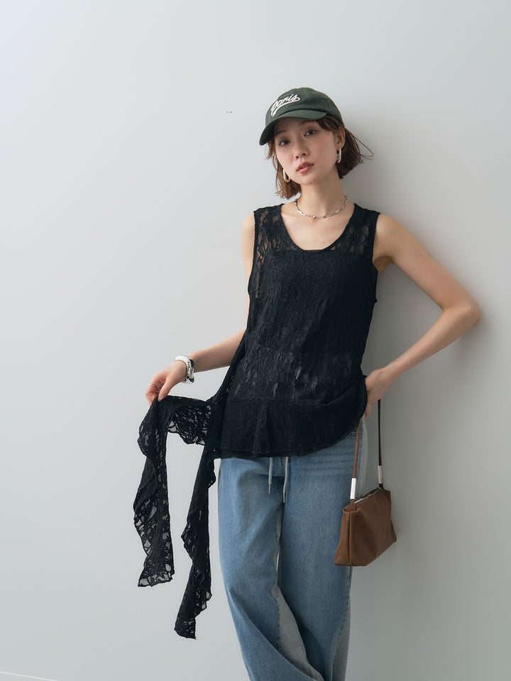 [予約]ラッフルレースアシメペプラムノースリトップス//black