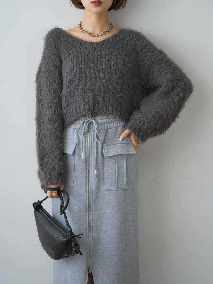 [予約]Vネックシャギークロップニットトップス/charcoal