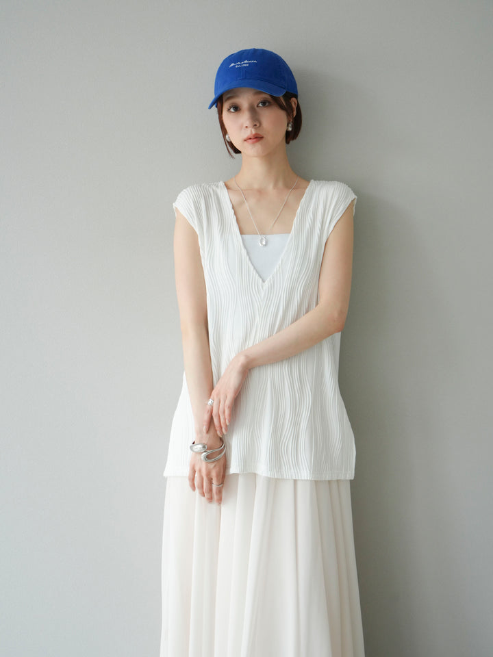 [SET]ウェーブパイピングVネックベスト+シフォンフレアスカート(2set)