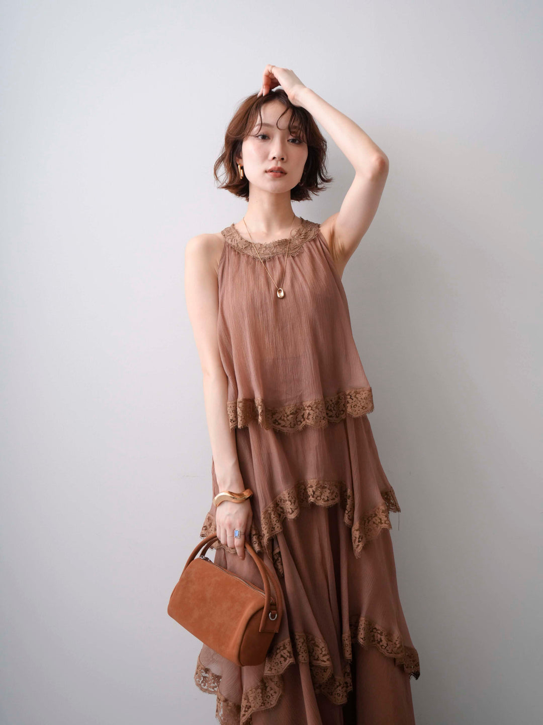 [予約]レースヘムティアードノースリドレス/brown
