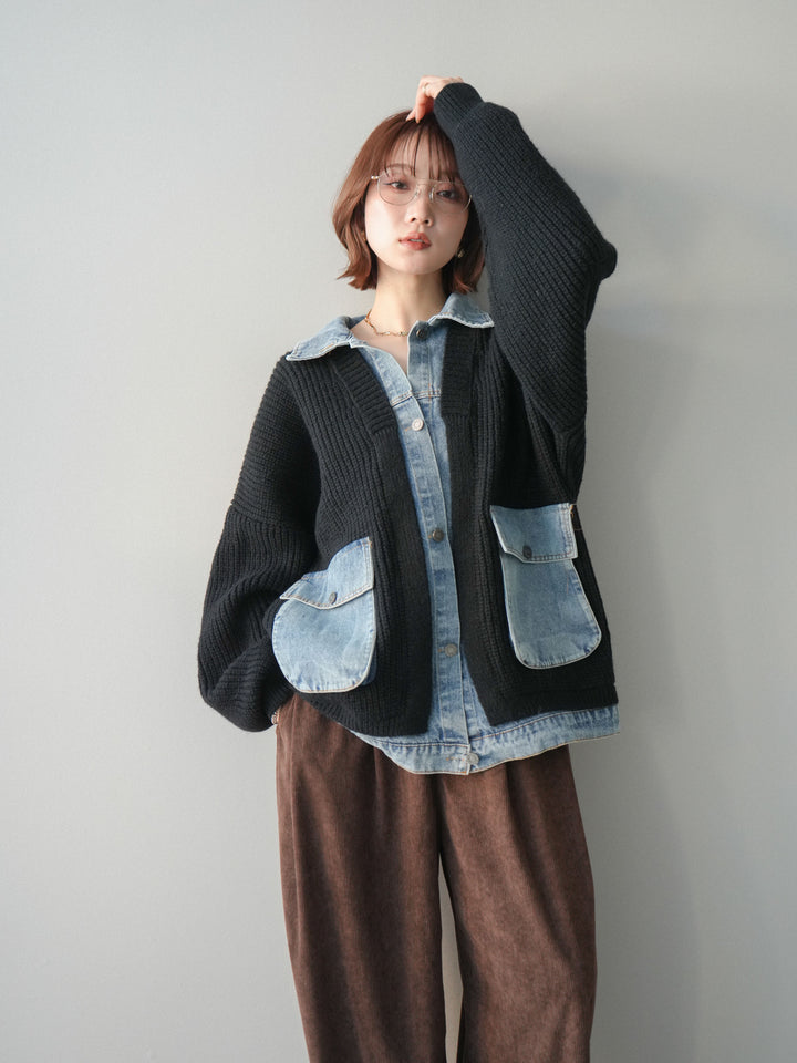 [SET]デニムドッキングオーバーニットジャケット+コーデュロイサイドタックコクーンパンツ(2set)