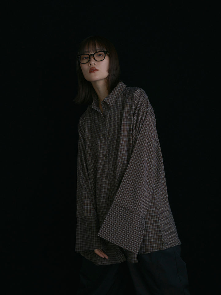 【Allure】[SET]チェックBIGカフスオーバーシャツ+タフタワイドカーブパンツ(2set)