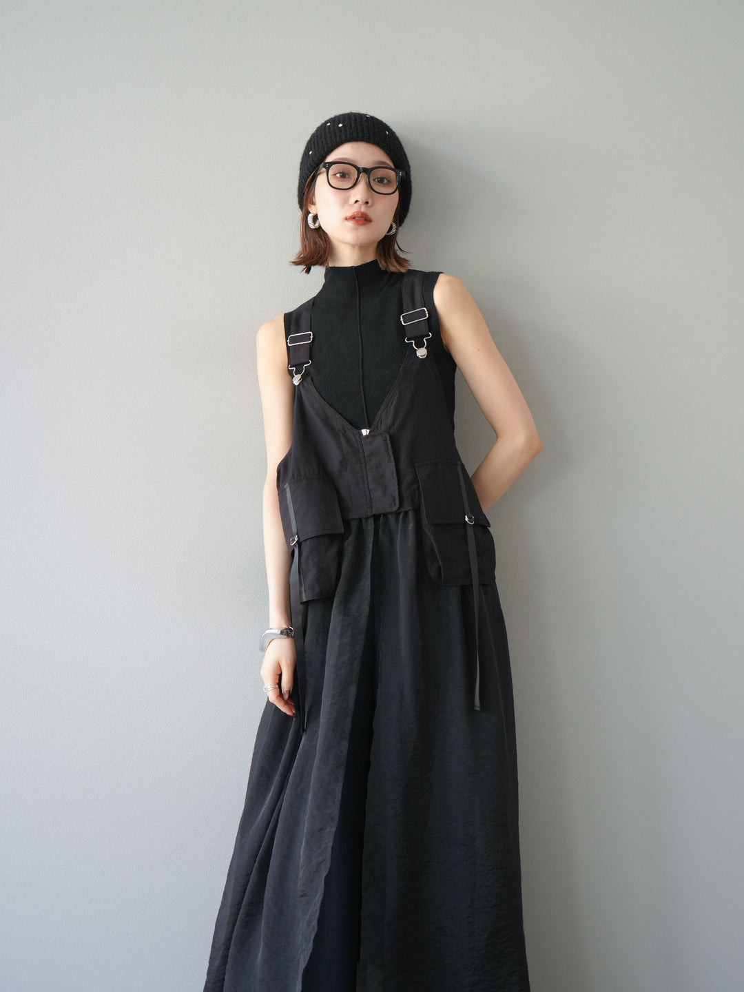 [SET] 戰術背心歐根紗洋裝 + 麻質寬鬆寬褲 (2 件套)