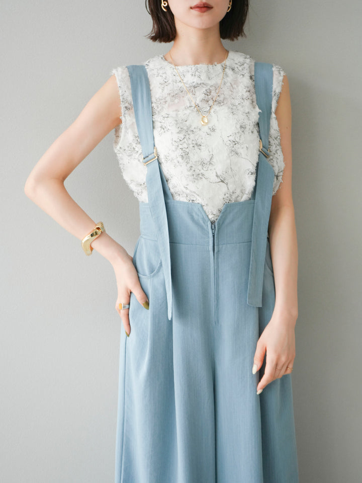 [SET]ストリングデザインハイウエストサロペット+ニュアンスフリンジジャガードノースリーブブラウス(2set)