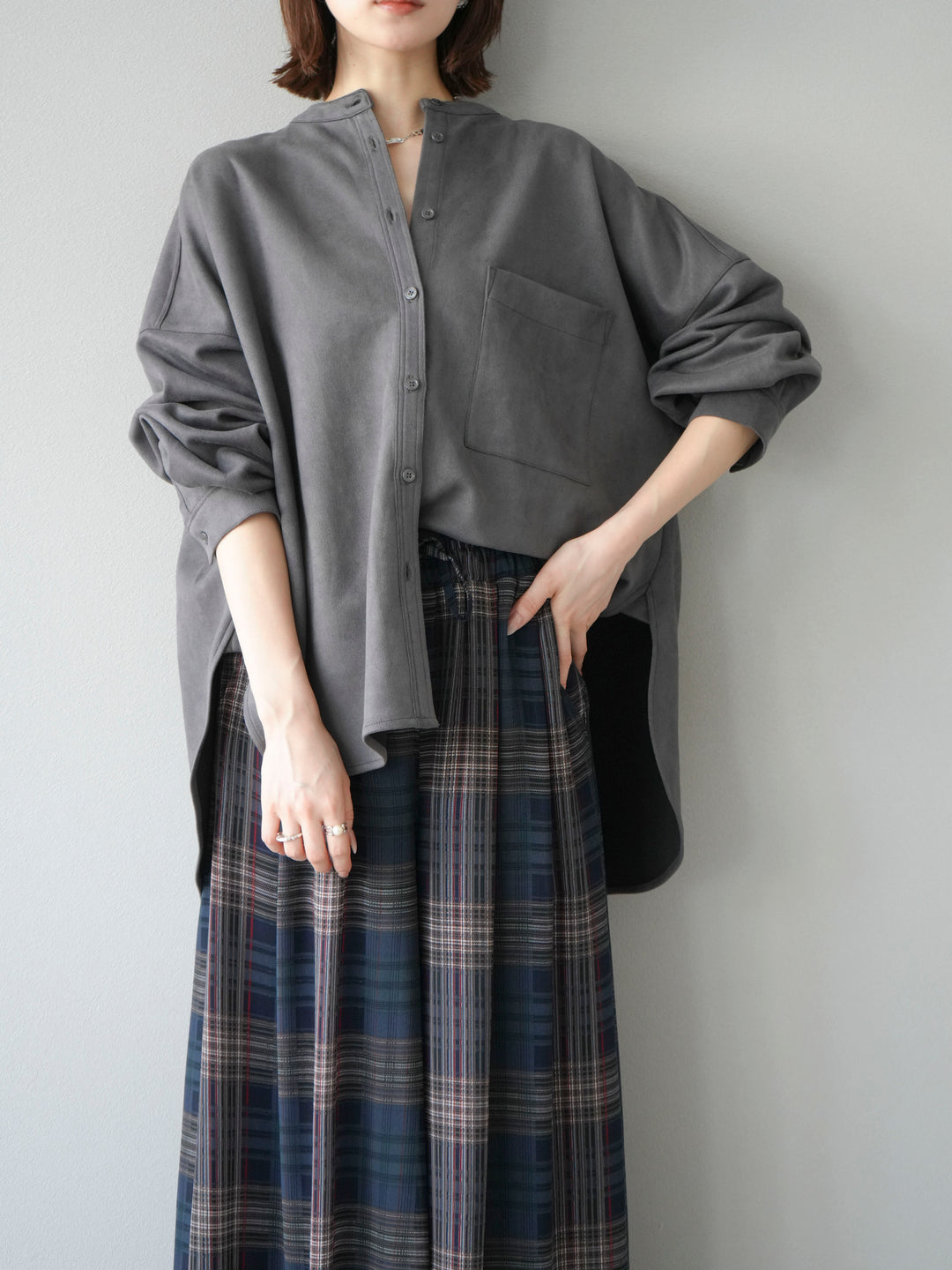 [SET]スエードバンドカラーオーバーシャツ+シアーチェックバギーパンツ(2set)