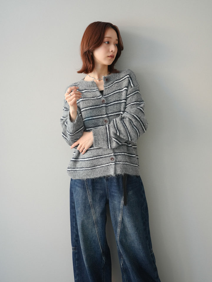 [予約]ボーダーシャギーニットカーディガン/gray