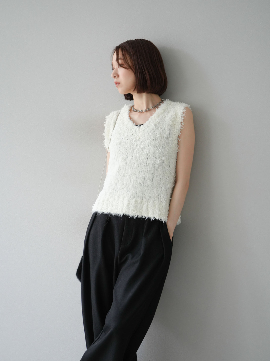 [予約]テープヤーンフリンジニットベスト/アイボリー