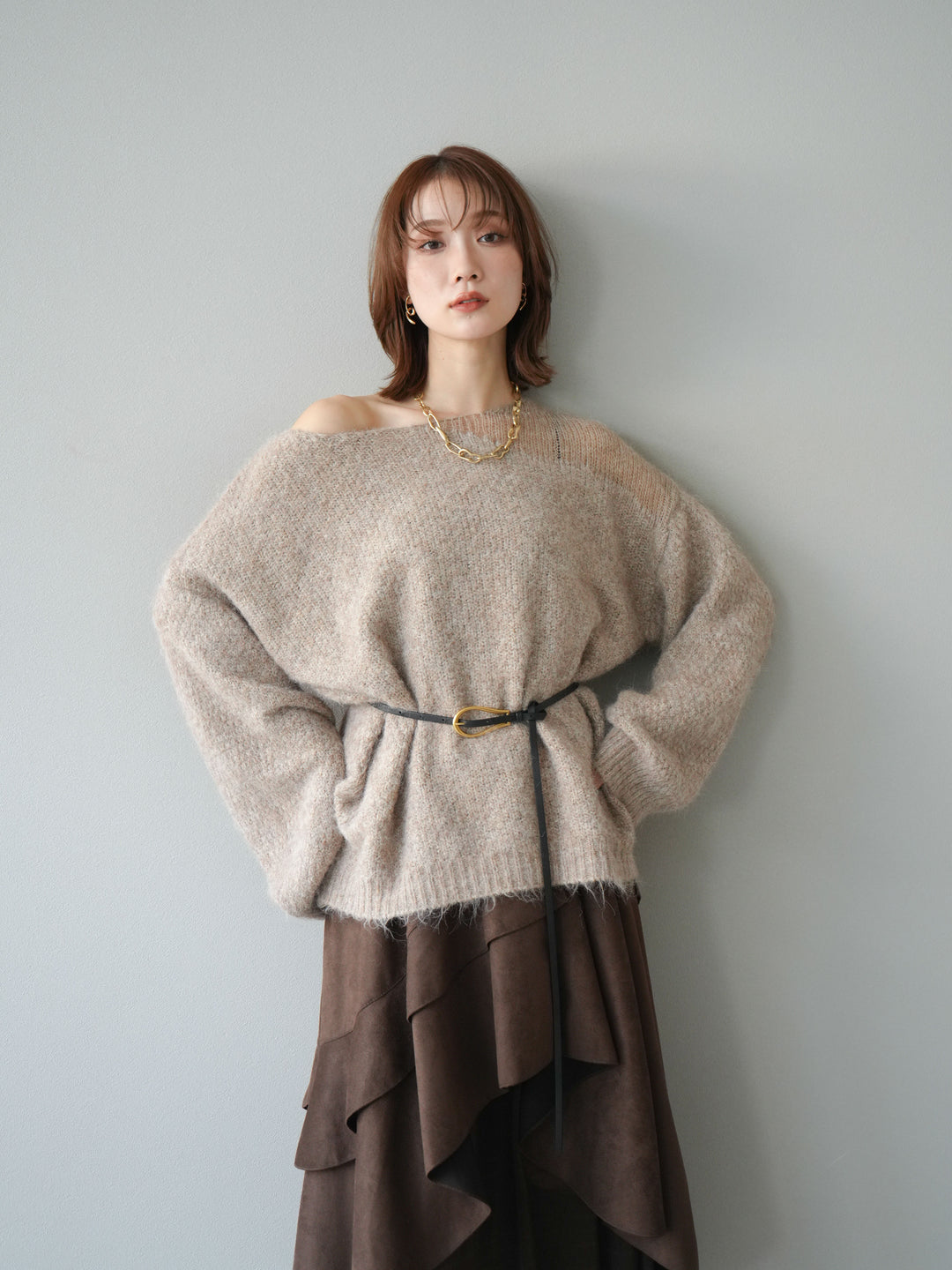 [予約]ネック透かし編みニットプルオーバー/ベージュ