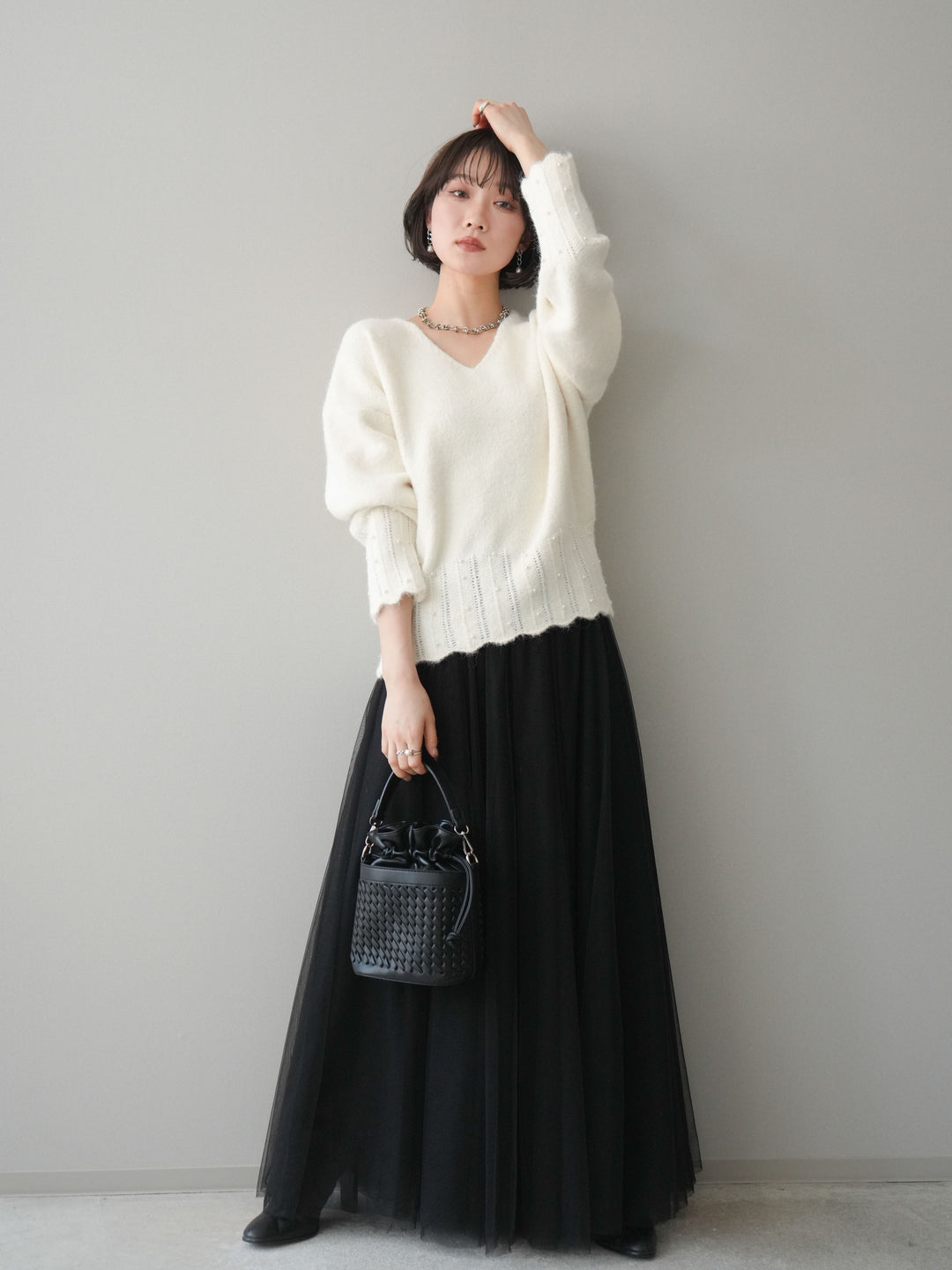 [SET]パールフリルリブヘムニットプルオーバー+チュールボリュームスカート(2set)