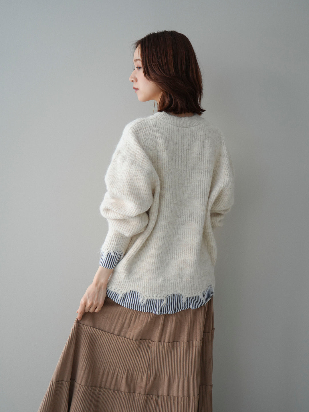 [SET]裾シャツレイヤードダメージニットプルオーバー+裾シャツレイヤードダメージニットプルオーバー(2set)