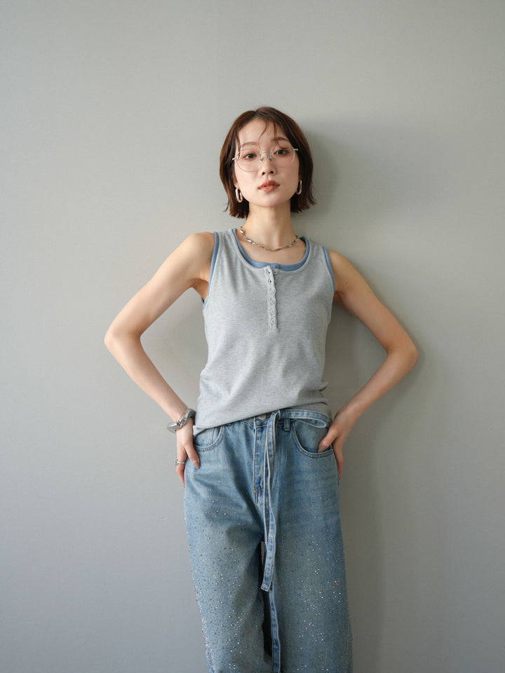 [SET]配色リブヘンリータンクトップ+ウエストベルトビジューワイドデニムパンツ(2set)