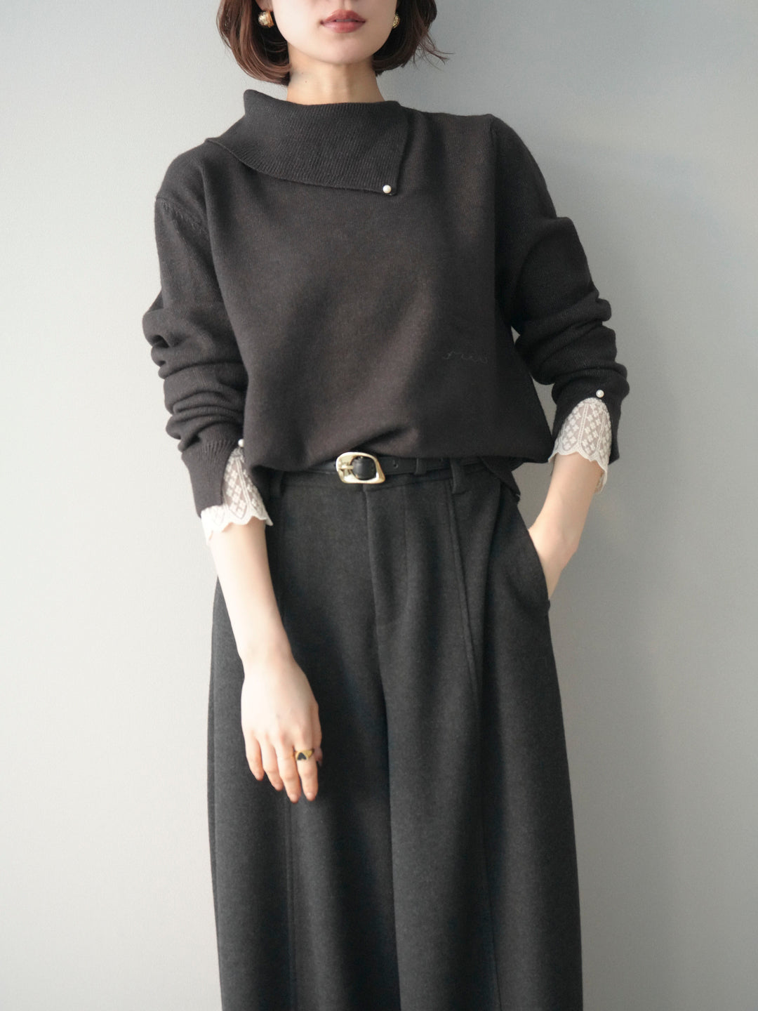 [予約]袖レースパール付き配色ニットトップス/darkbrown