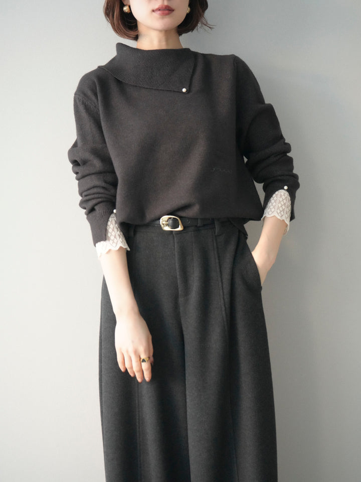 [予約]袖レースパール付き配色ニットトップス/darkbrown