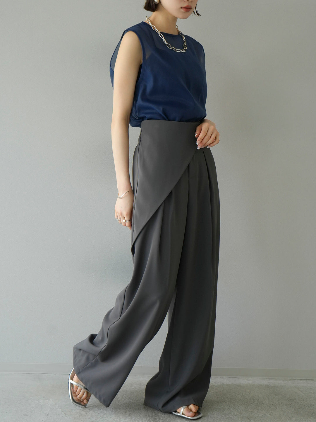 [SET] Organza sleeveless top + wrap wide pants (2set)