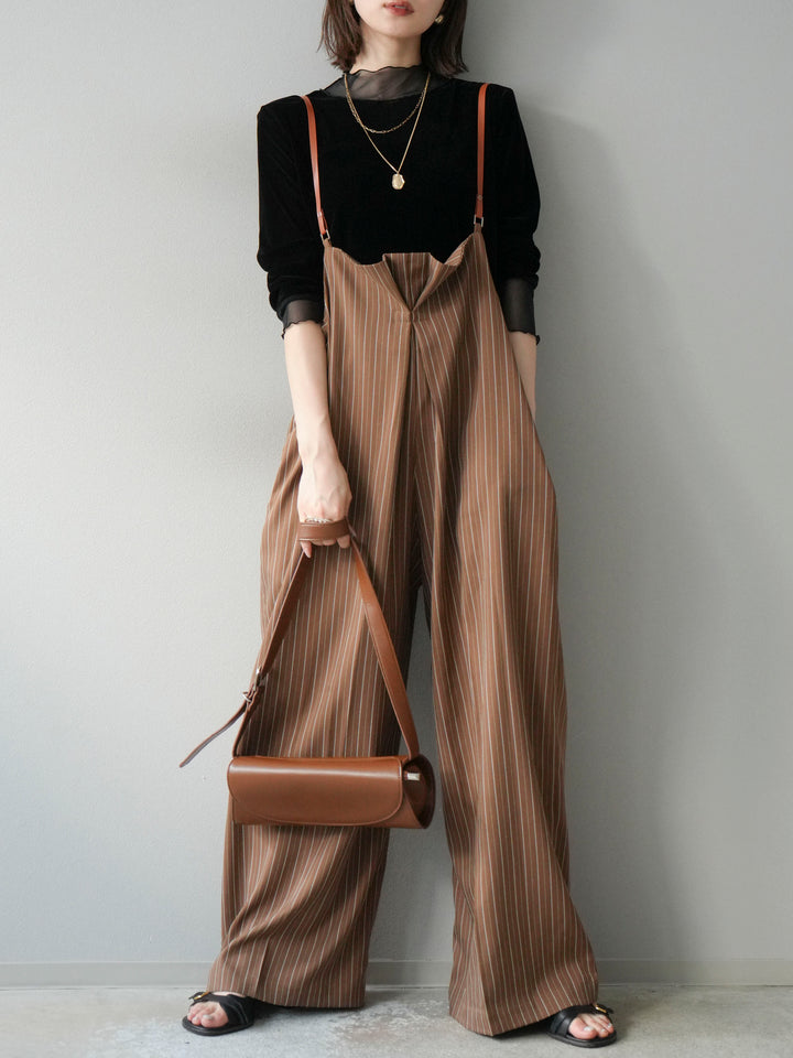 [SET]ヘリンボーンストライプサロペット+シアー切替ベロアトップス(2set)