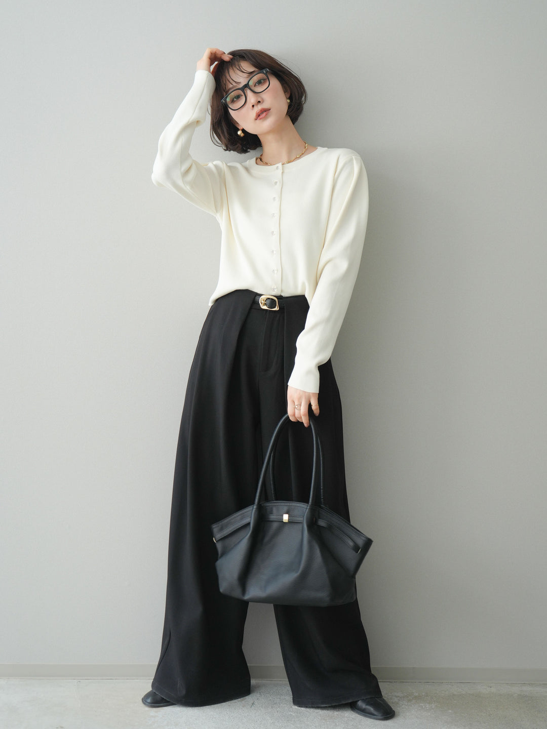 [SET]クリアボタンタックニットカーディガン+ベルトループデザインワイドパンツ(2set)