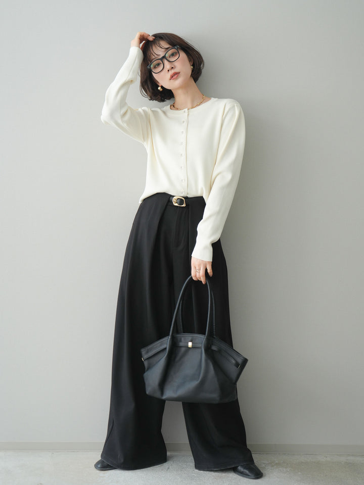 [SET]クリアボタンタックニットカーディガン+ベルトループデザインワイドパンツ(2set)