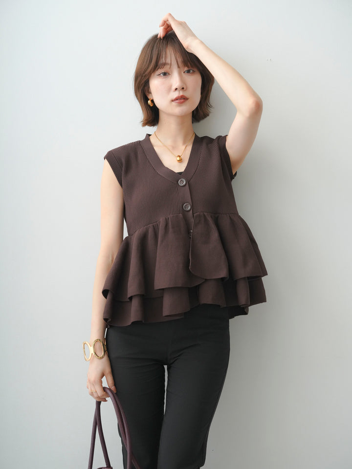 [予約]ダブルフリルペプラムノースリニットトップス/brown