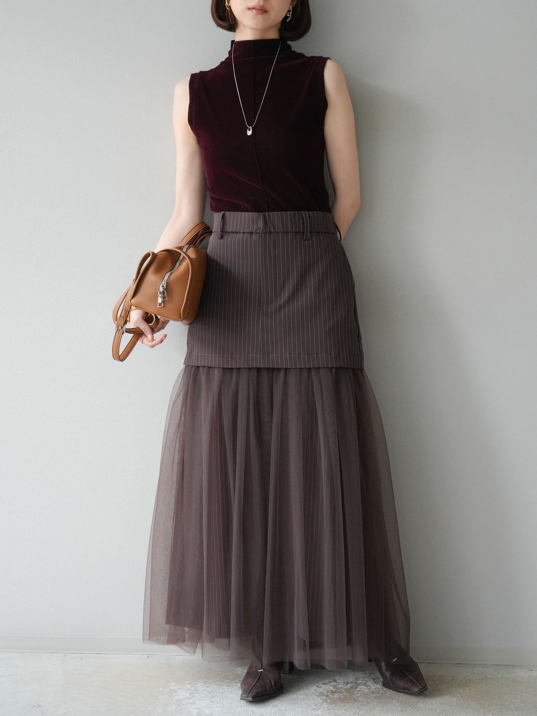 [予約]ストライプ切替チュールスカート/ブラウン