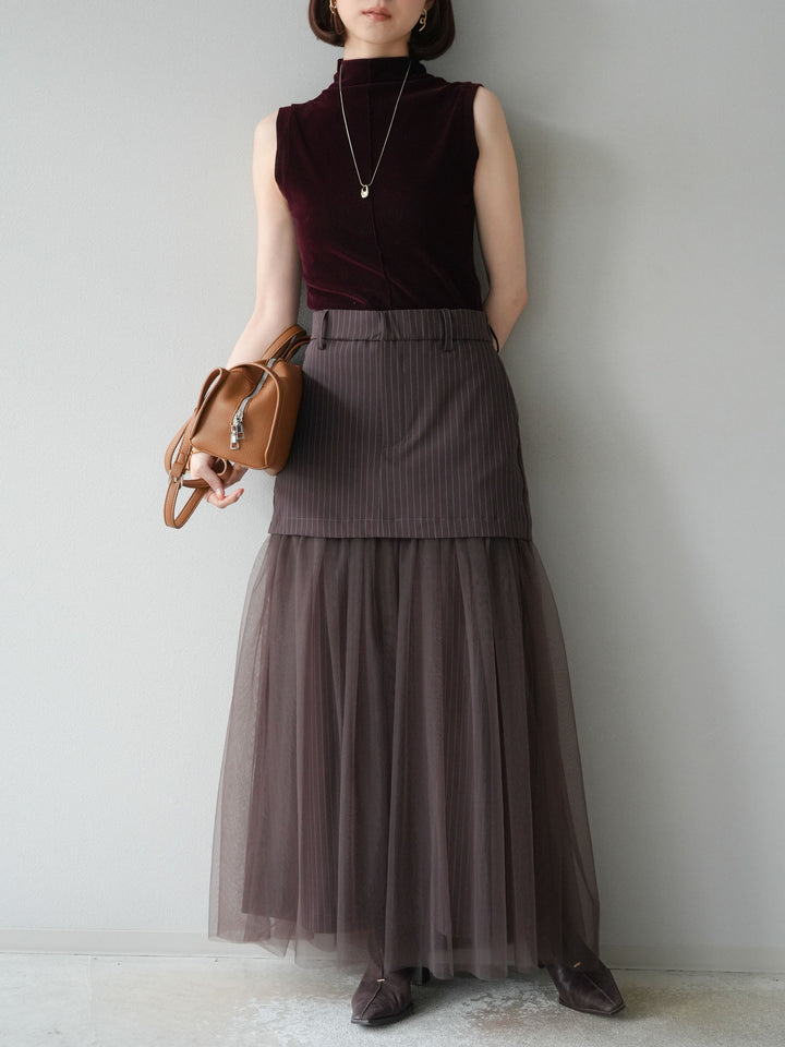 [予約]ストライプ切替チュールスカート/ブラウン
