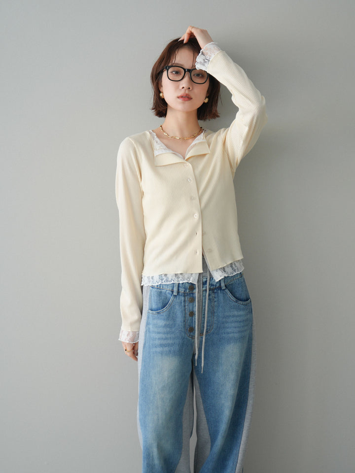 [SET]レースドッキングテレコリブカーディガン+デニム切替スウェットパンツ(2set)