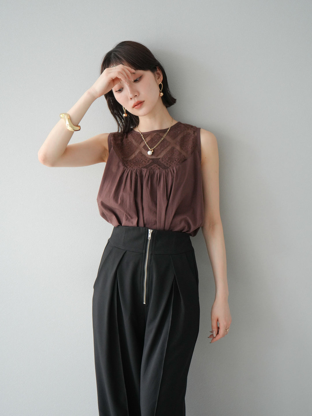 [予約]インド製コットンレース切替ノースリブラウス/ブラウン