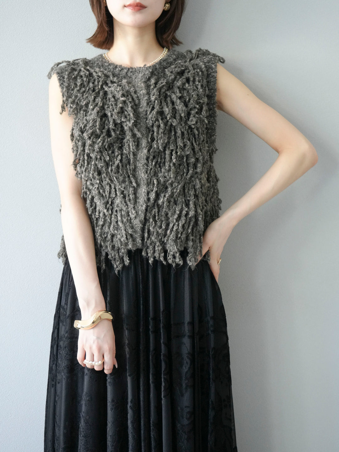 [SET]フリンジループニットベスト+アンティーク柄フロッキーマキシスカート(2set)