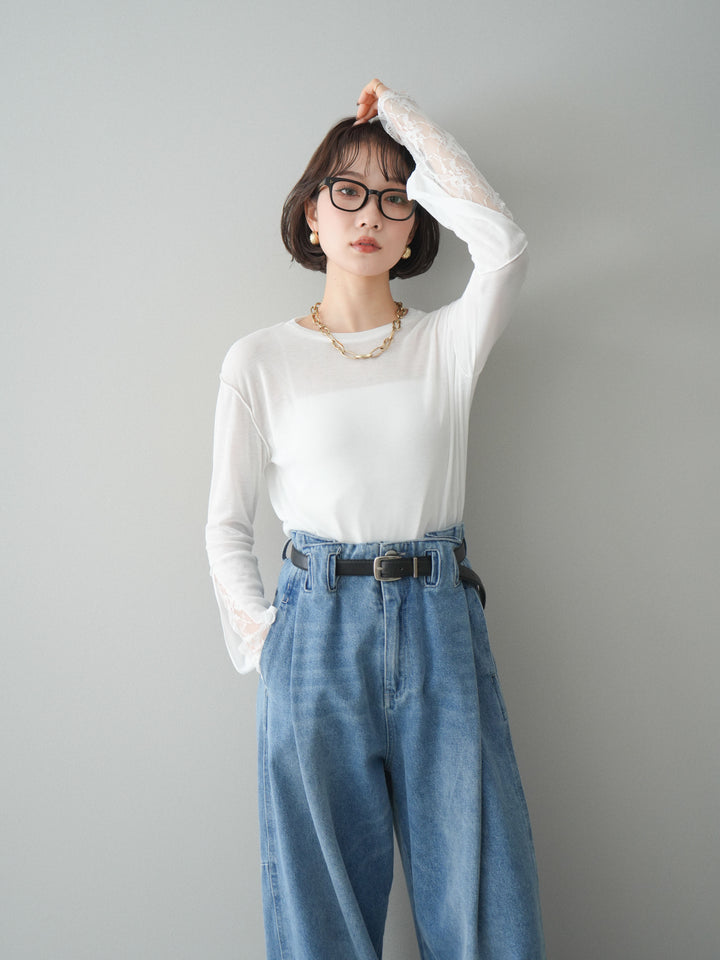 [予約]袖レースレイヤードデザインメロートップス/white