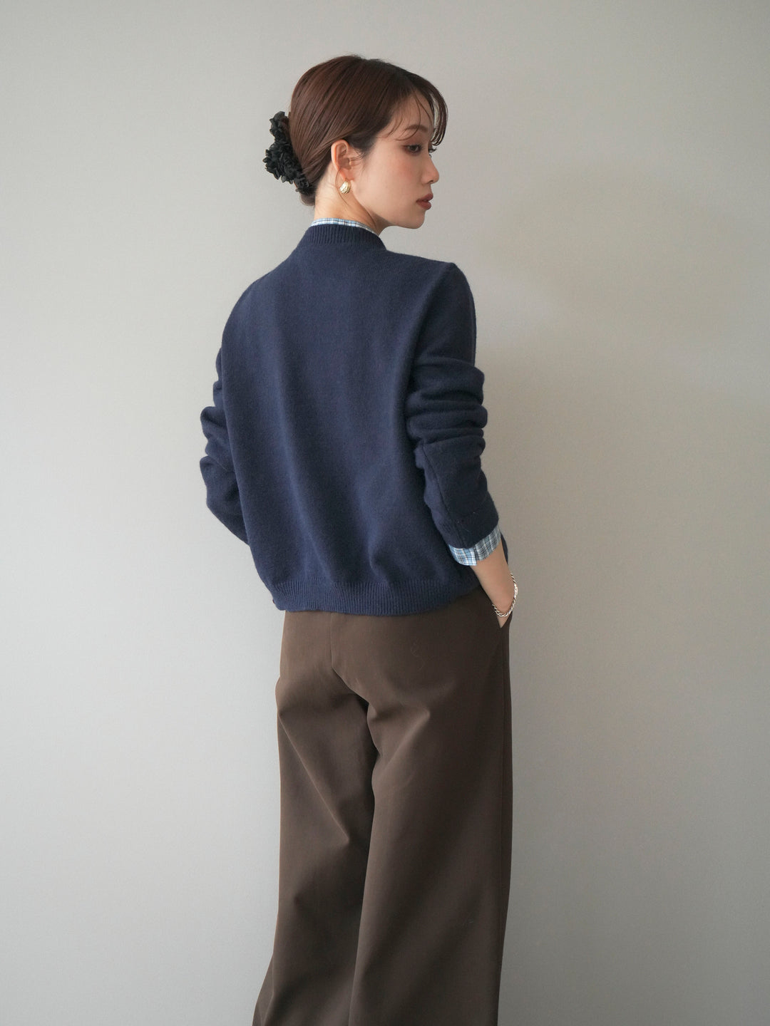 [予約]チェックシャツレイヤードデザインニットカーディガン/navy