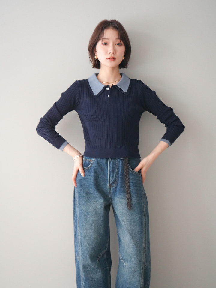 [SET]ダブル襟ポロリブニットトップス+ダブル襟ポロリブニットトップス(2set)