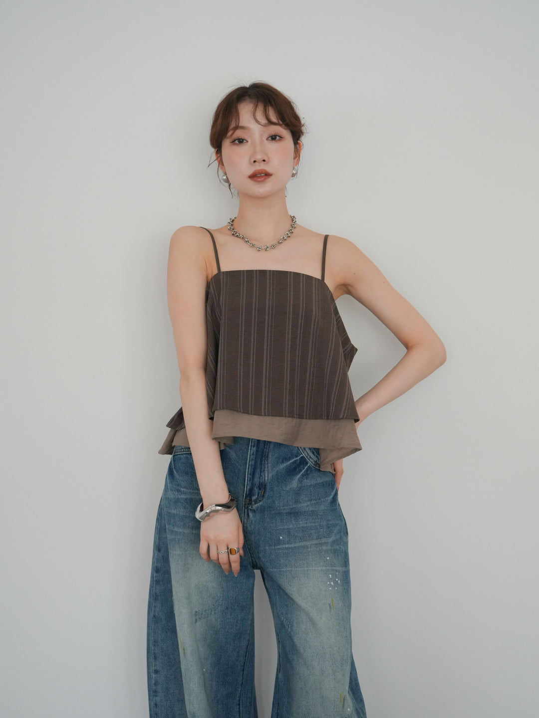 【套裝】條紋疊層吊帶背心 + 不對稱一觸式手鐲（2 件組）