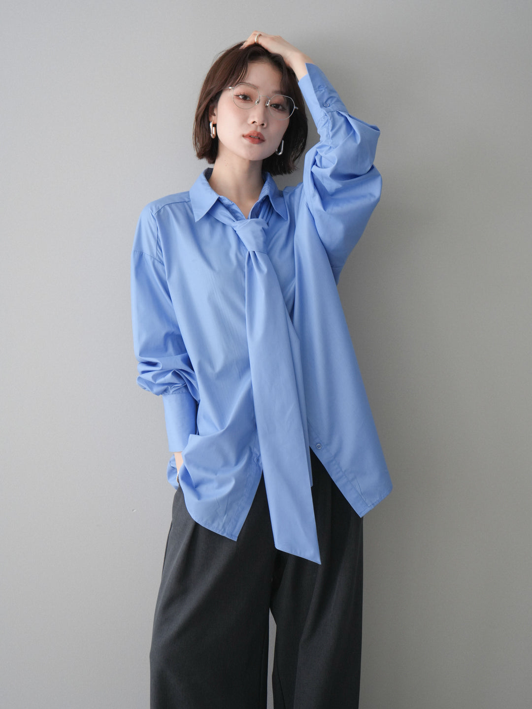 [予約]ボウタイ付オーバーシャツ/blue