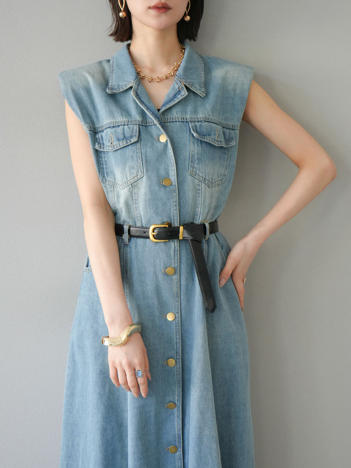 [予約]ベルト付デニムシャツデザインワンピース/ライトブルー