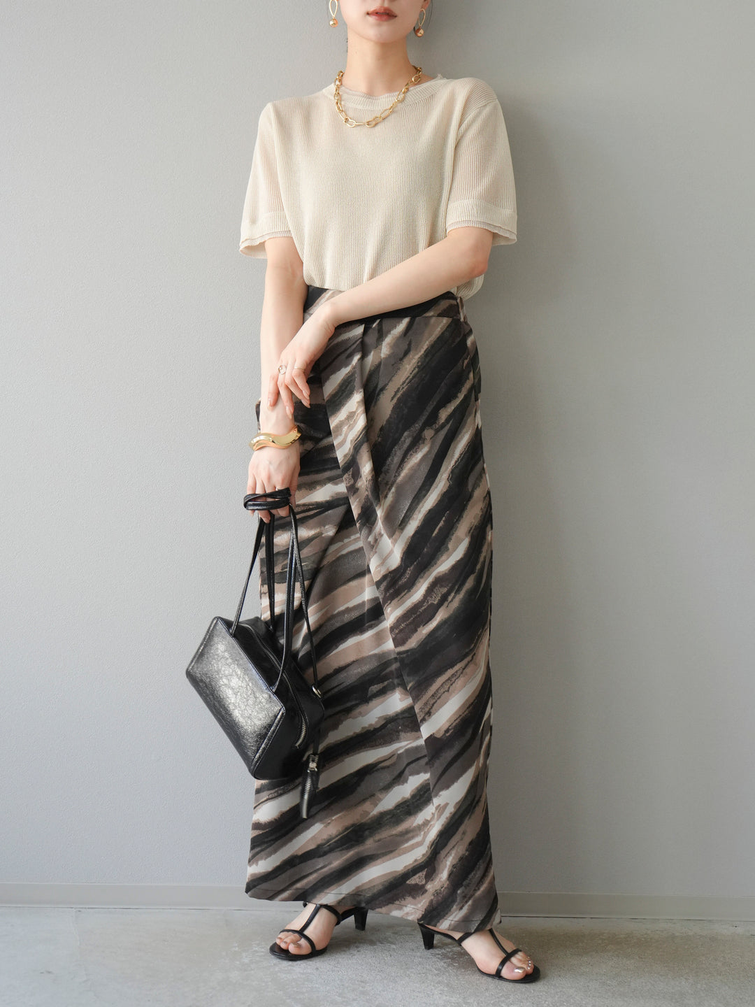 [SET]リネンタッチ配色二重臼ハーフニットトップス+選べるアソート柄スカートセット(2set)