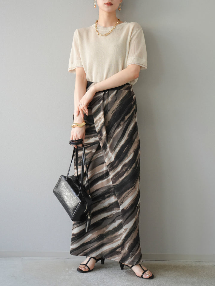 [SET]リネンタッチ配色二重臼ハーフニットトップス+選べるアソート柄スカートセット(2set)