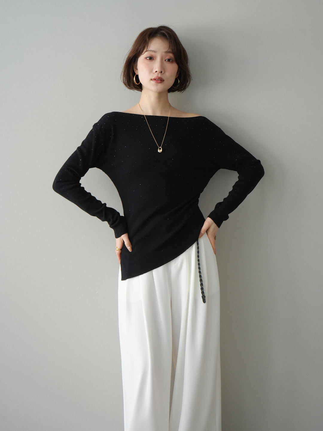 [予約]ラインストーンアシンメトリーニットトップス/black