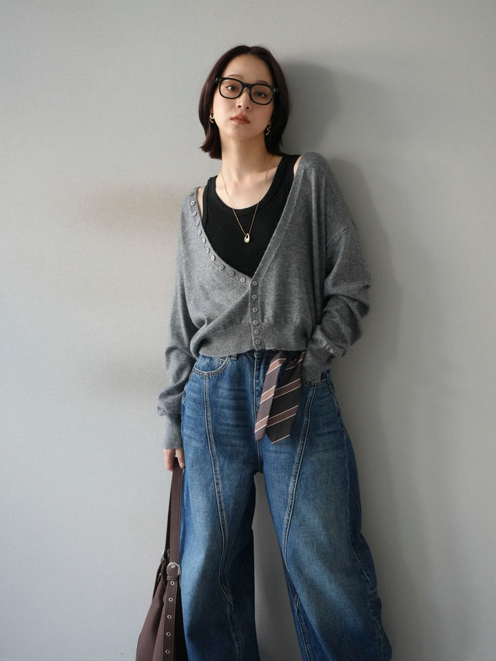 [予約]デザインボタンニットカーディガン＆タンクトップSET/グレー