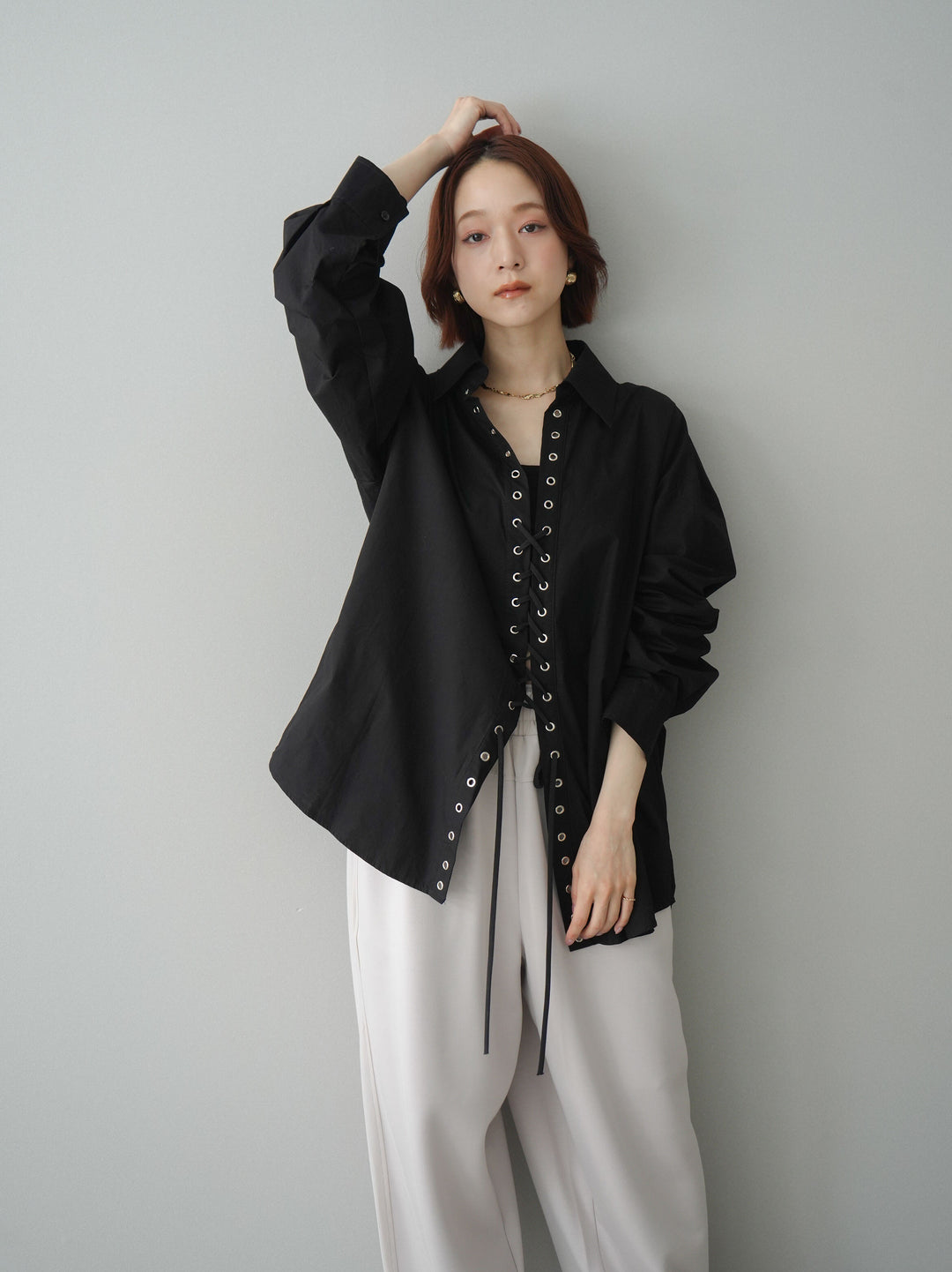 [SET]レースアップブロードシャツ+バイカラー異素材サイドラインライトポンチパンツ(2set)