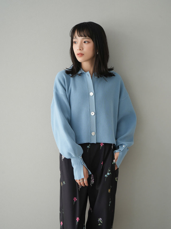 [SET]ボリュームスリーブポロニットカーディガン+フラワーアートプリントタックパンツ(2set)