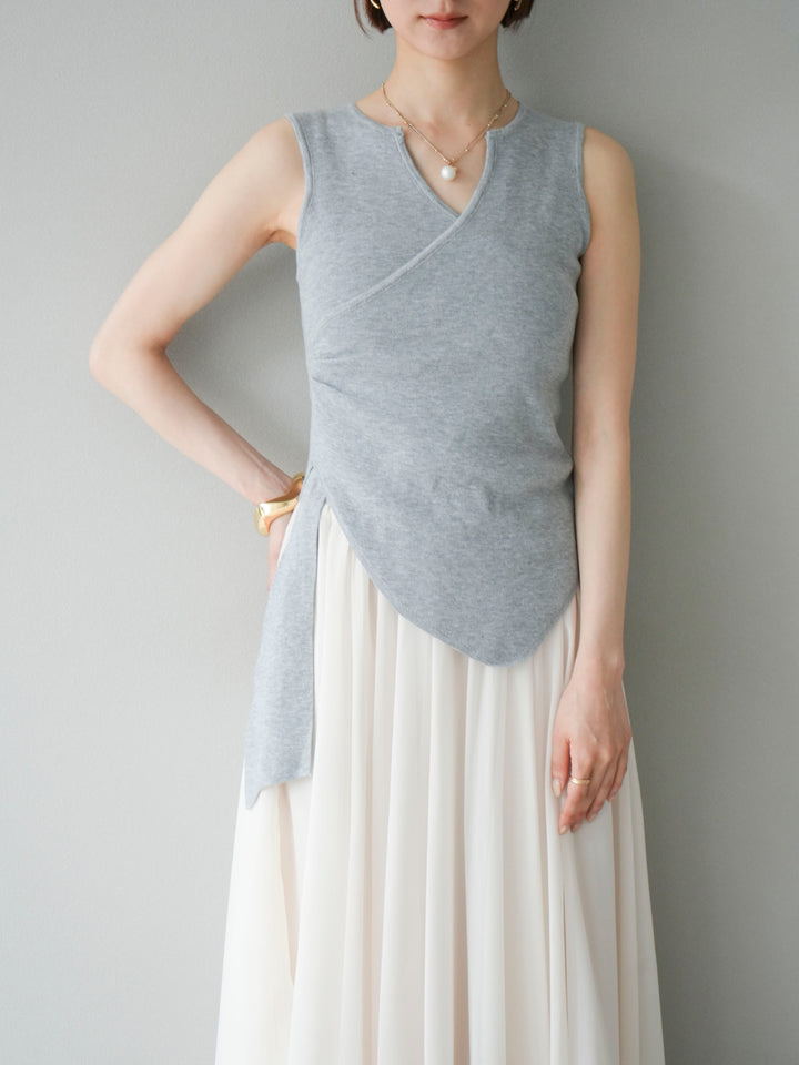 [SET]カシュクールノースリーブニットトップス+シフォンフレアスカート(2set)